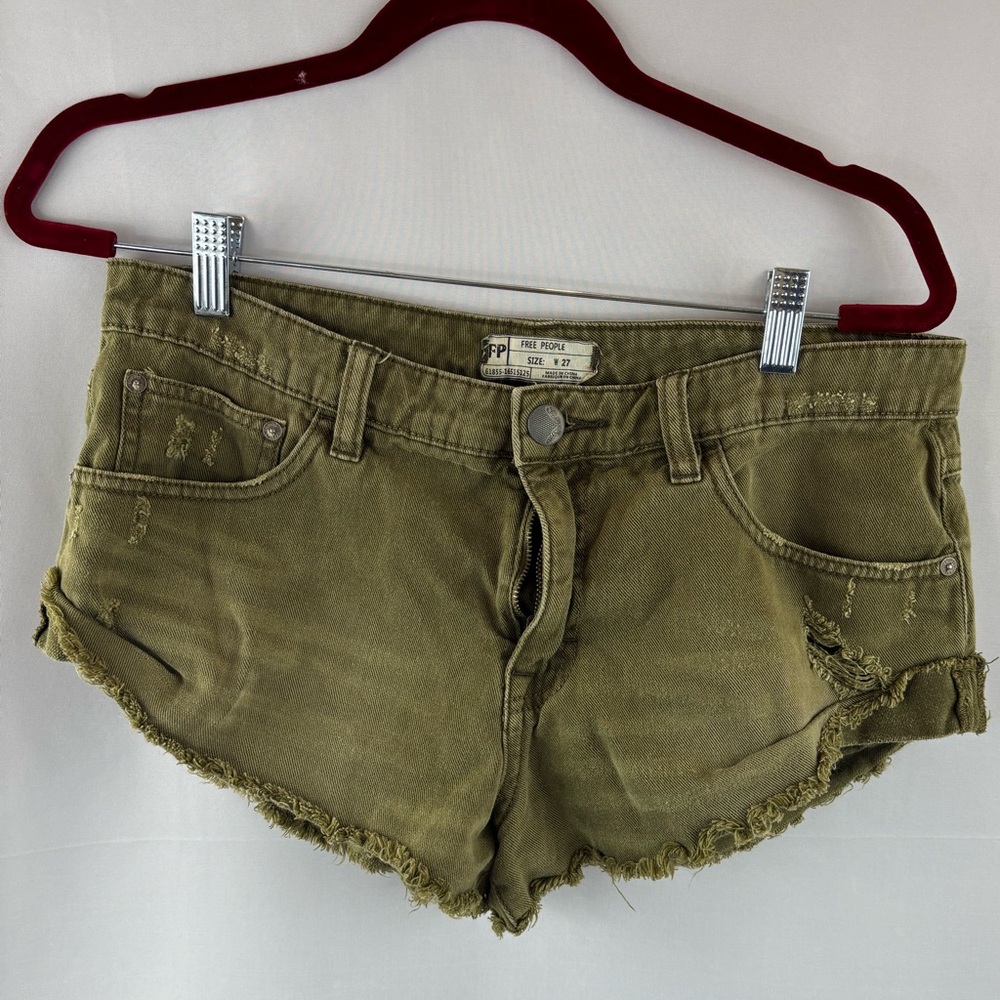 Free People Olive Green Denim Distressed Hot Shorts Size 27